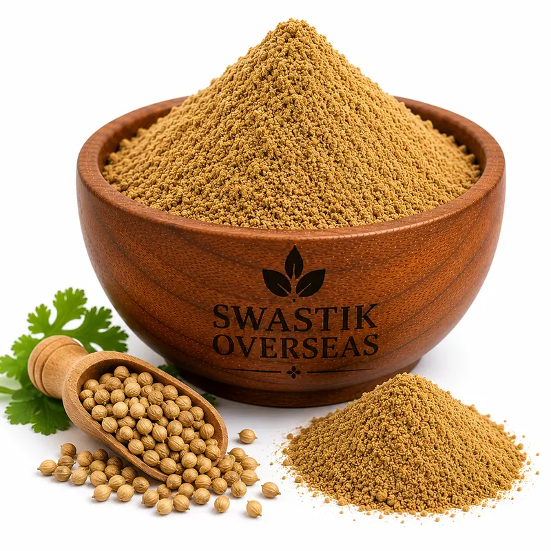 Swastik Overseas coriander powder (dhania) in a wooden bowl with whole coriander seeds — pure hand-ground spice