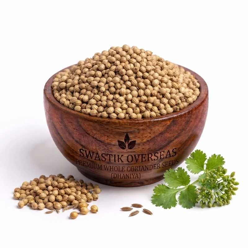 Whole coriander seeds, hand-graded, in a white bowl