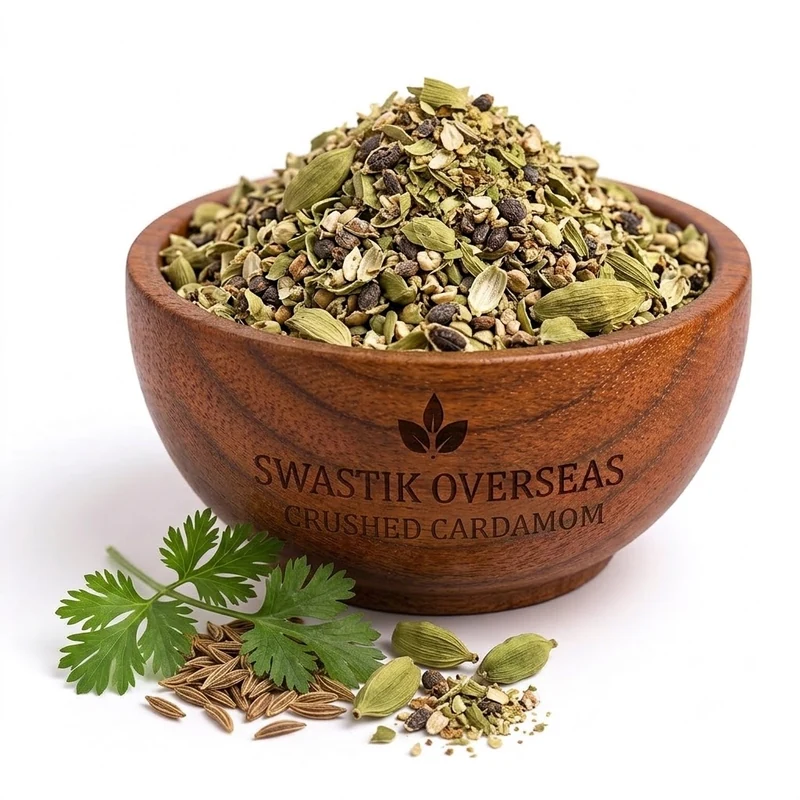Swastik Overseas crushed green cardamom (kuti elaichi) — coarse hand-crushed spice