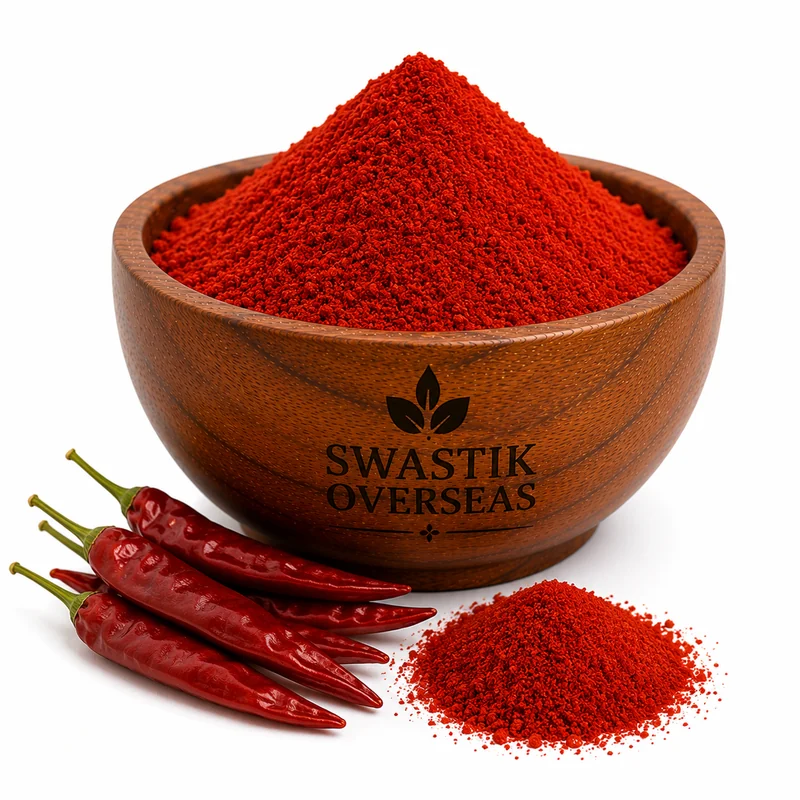 Swastik Overseas red chilli powder (lal mirch) in a wooden bowl with dried red chillies — natural hand-ground spice