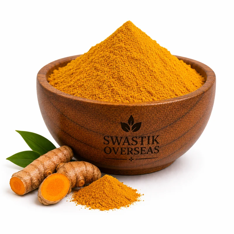 Swastik Overseas pure turmeric powder (haldi) in a wooden bowl with fresh turmeric roots — natural hand-ground spice